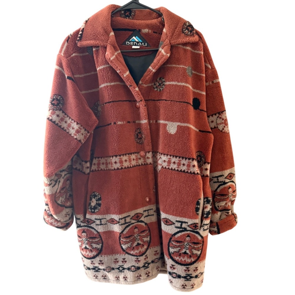 Denali Vintage 90s Women M Southwestern Fleece Jacket Button‎ Terracotta Aztec